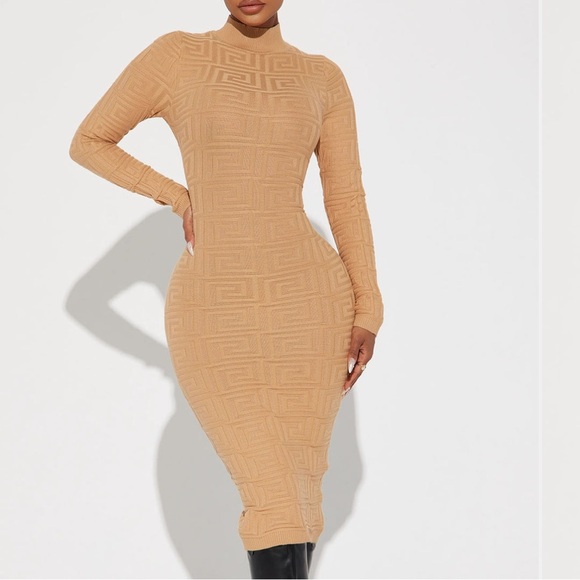 None Dresses & Skirts - Tan Textured Sweater Midi Dress